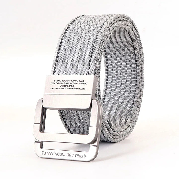 Ceinture rayée pour homme et femme, design décontracté, boucle double anneau en métal brossé.