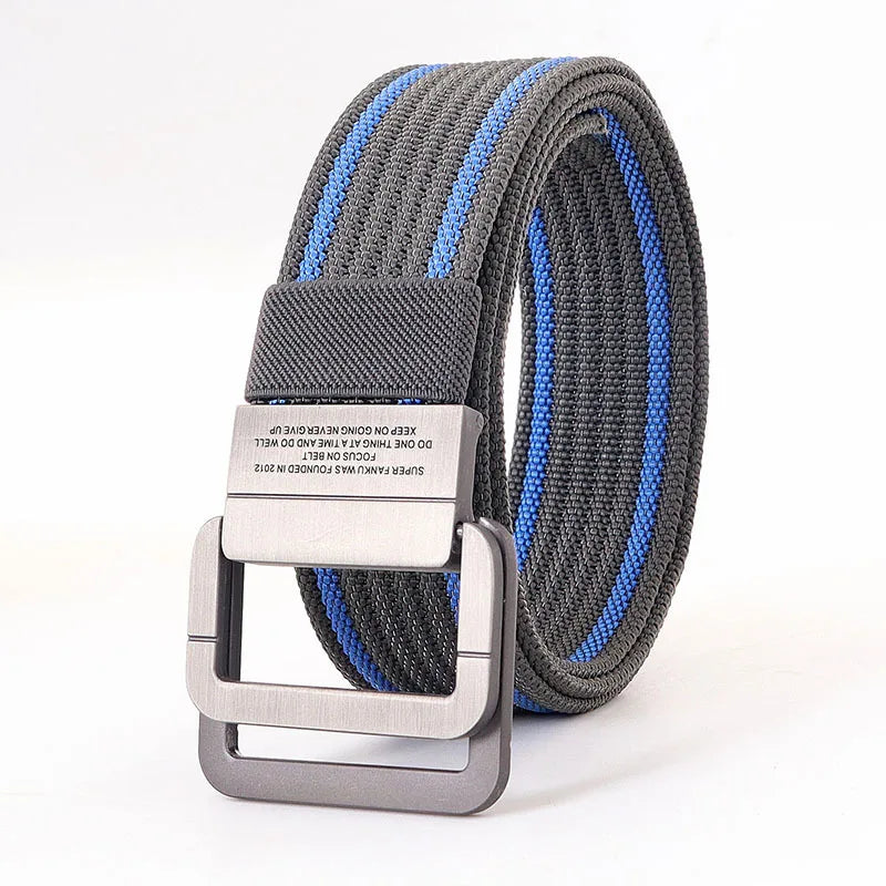 Ceinture unisexe à boucle double anneau, motif rayé, en toile résistante, look mode actuel.