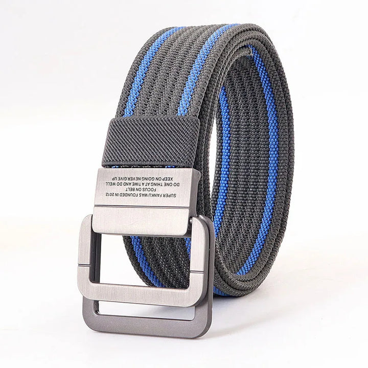 Ceinture unisexe à boucle double anneau, motif rayé, en toile résistante, look mode actuel.
