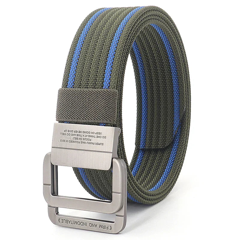 Ceinture unisexe décontractée, rayures stylées, boucle double anneau pour un maintien optimal et sûr.