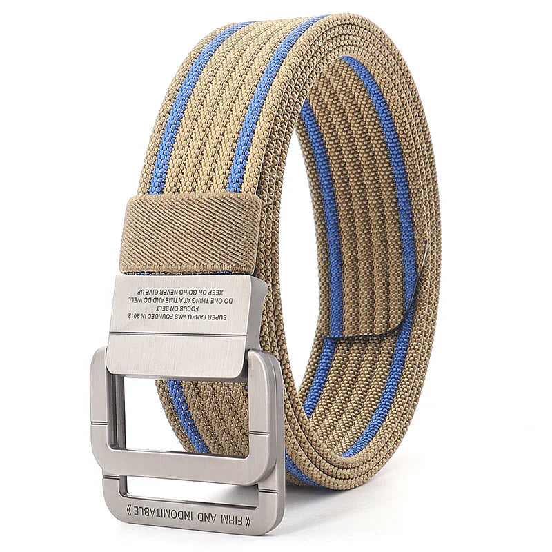 Accroche-regard : ceinture unisexe rayée en toile, boucle double anneau, accessoire mode indispensable.