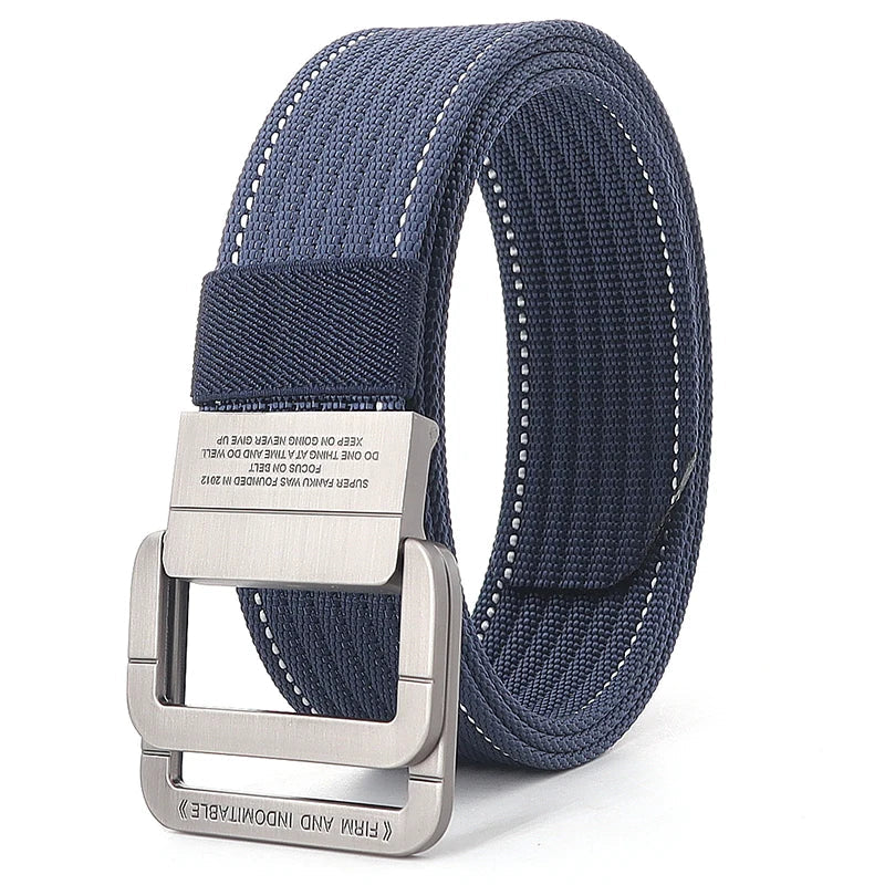 Ceinture unisexe en toile rayée, boucle double anneau robuste, style moderne et polyvalent au quotidien.