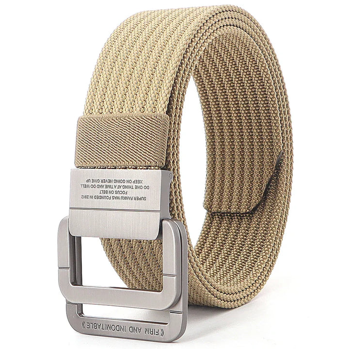 Pour elle et lui : ceinture rayée en toile, boucle double anneau, accessoire décontracté et tendance.