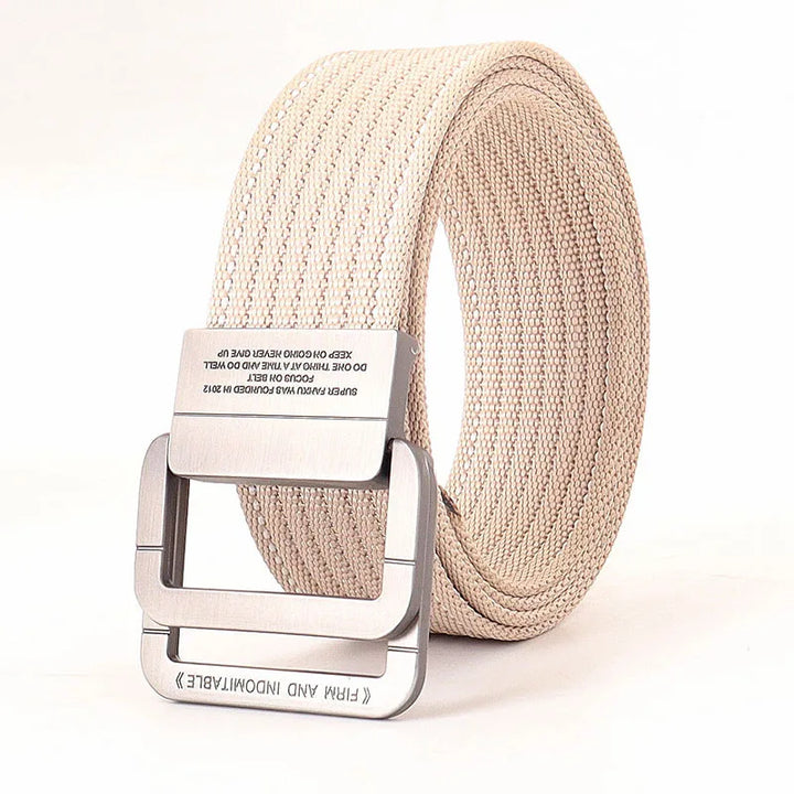Ceinture en toile rayée, modèle unisexe, boucle double anneau, pour un style affirmé et unique.