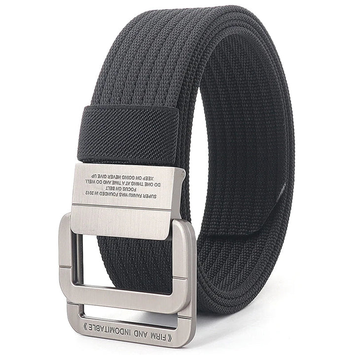 Ceinture unisexe rayée à boucle double anneau, parfaite pour rehausser une tenue décontractée avec style.