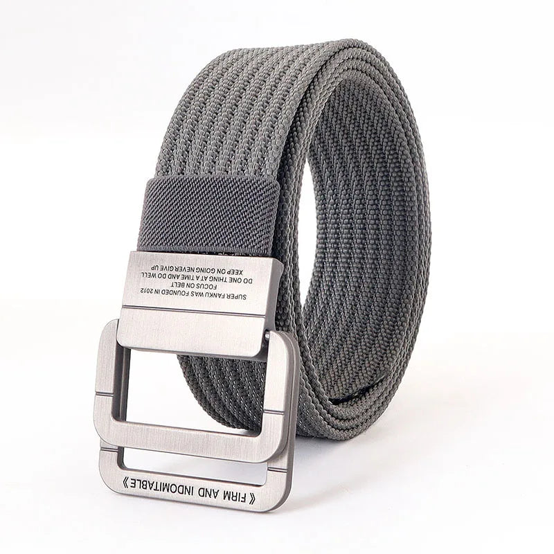 Ceinture en toile rayée, unisexe, boucle double anneau pour un style casual chic élégant.