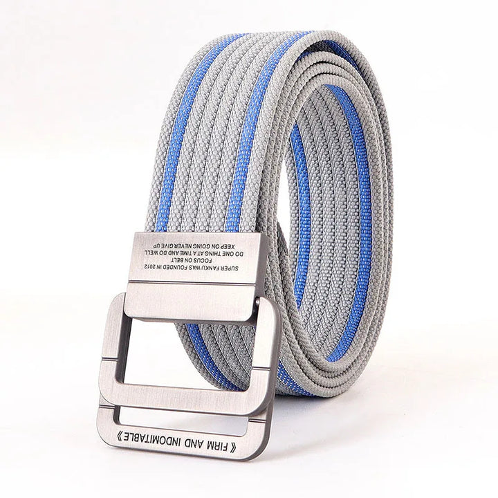 Ceinture unisexe décontractée à rayures et boucle double anneau, un must-have pour votre garde-robe.