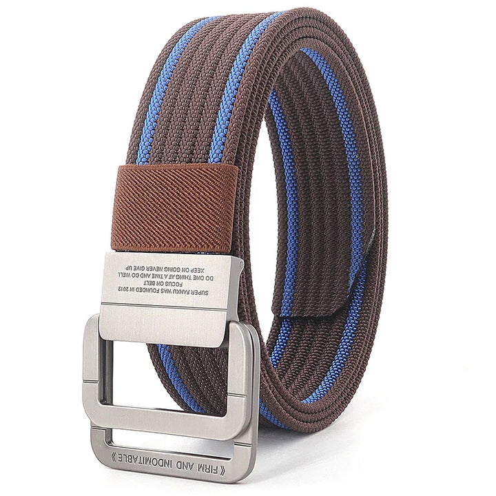 Ceinture unisexe rayée durable avec boucle double anneau, parfait accessoire de mode polyvalent.