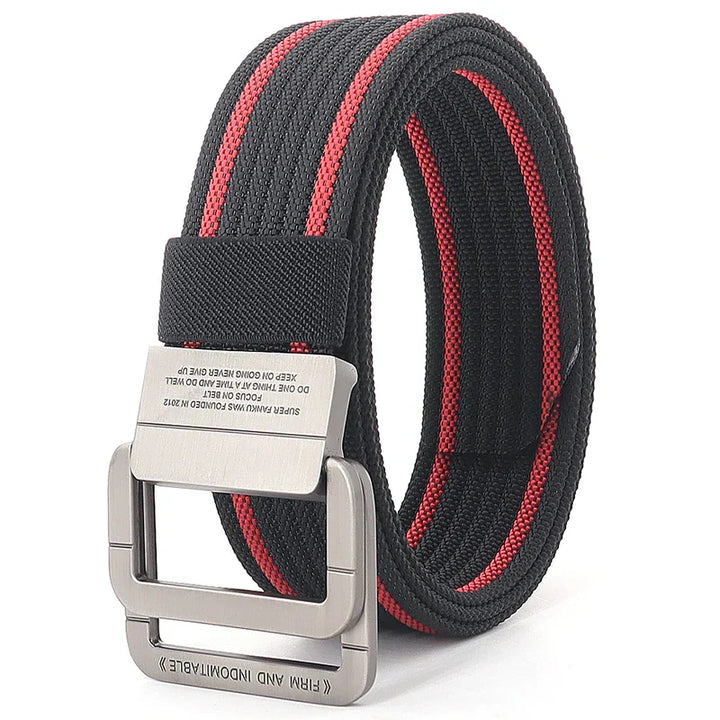 Ceinture unisexe tendance à rayures et boucle double anneau, confort et style assurés toute la journée.