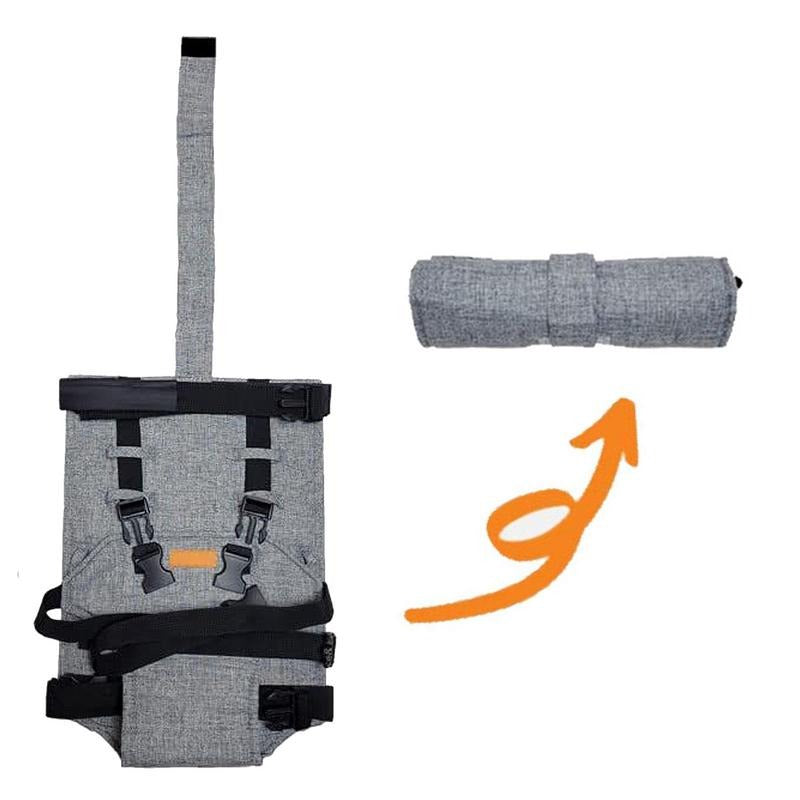 "Chaise haute de voyage bébé compacte, design innovant, sangles et harnais réglables, couleur neutre, portable et sécurisée."