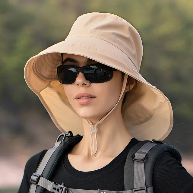 Chapeau polyvalent femme été, parfait pour la pêche, la randonnée et la plage, avec protection cou et visière.