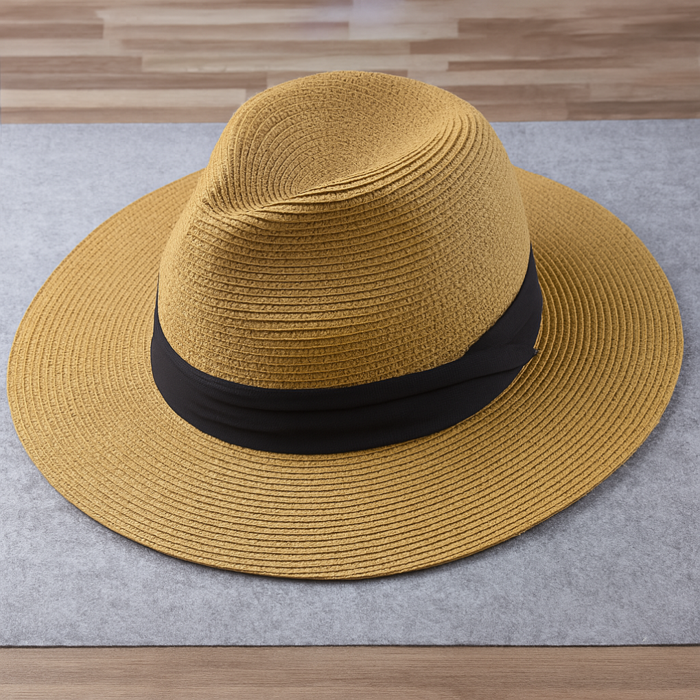 Chapeau Panama en paille toquilla beige, large bord, style élégant et intemporel, idéal pour protection solaire et mode estiv