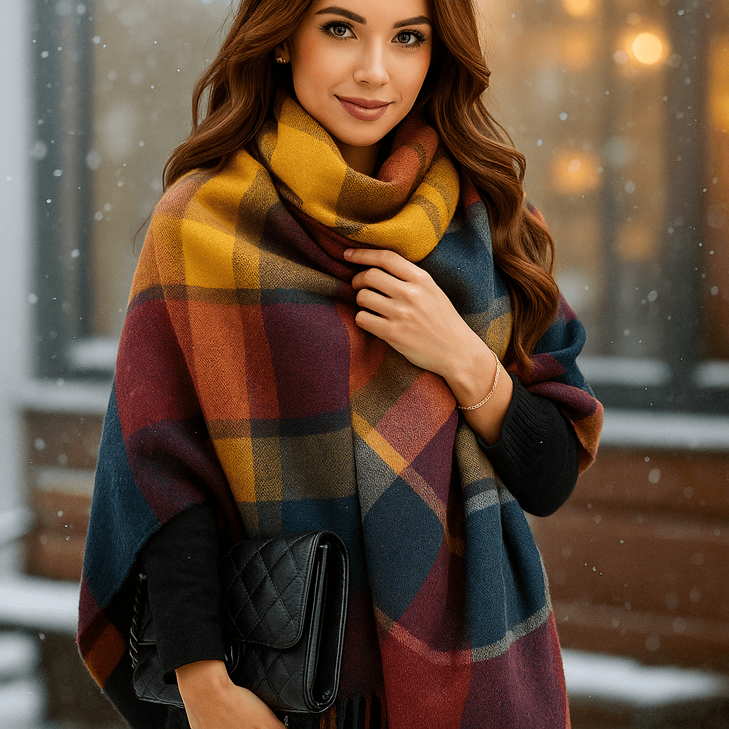 Accessoire écharpe plaid en cachemire pour femme, douceur et chaleur élégantes pour l'hiver.