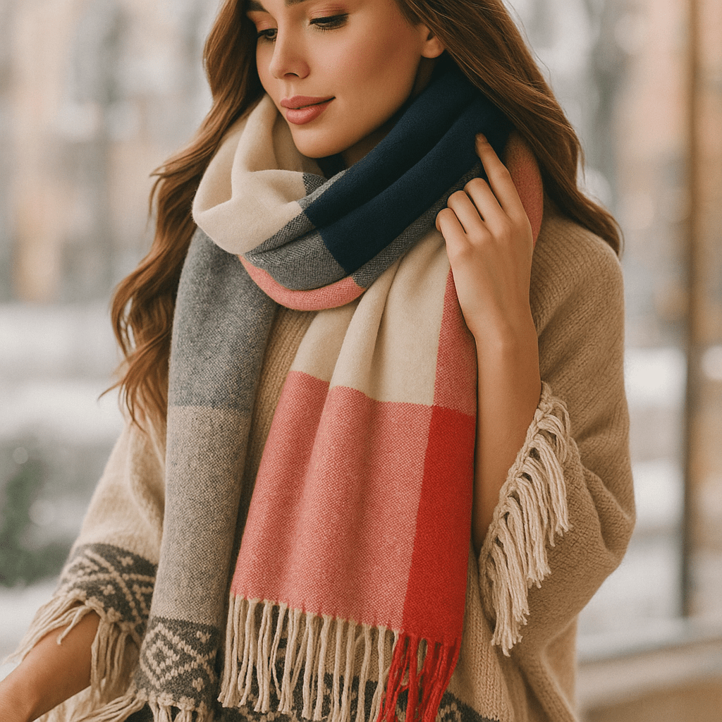 Grande écharpe cachemire femme, accessoire versatile offrant douceur et chaleur cosy en hiver.