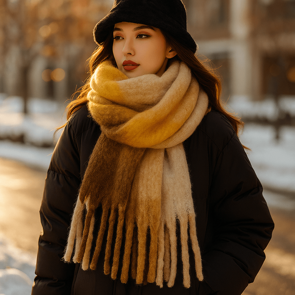 Écharpe chaude en laine pour femme avec franges, accessoire hiver confortable.