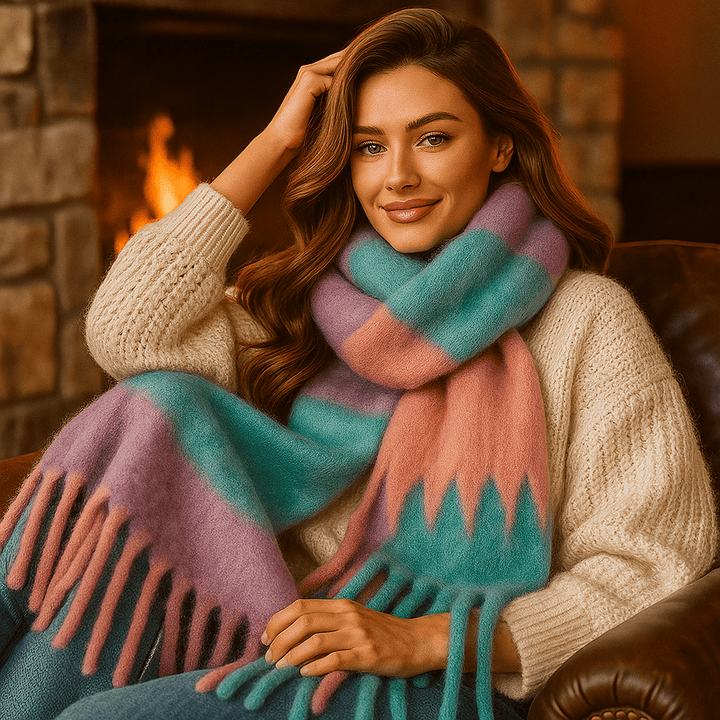 Écharpe cocooning pour femme en laine chaude, accessoire hiver avec franges.