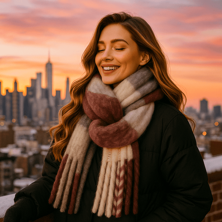 Écharpe en laine chaude avec franges, accessoire essentiel pour les femmes en hiver.