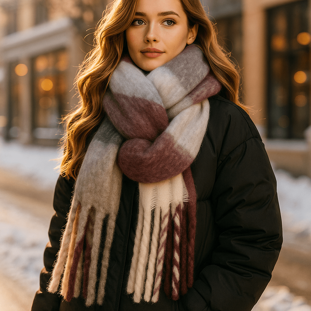 Écharpe hivernale en laine douce et chaude pour femme, avec jolies franges.