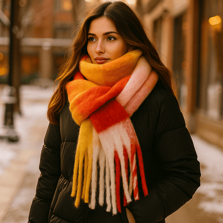Écharpe chic à franges pour femme, en laine chaude et confortable, mode hiver.