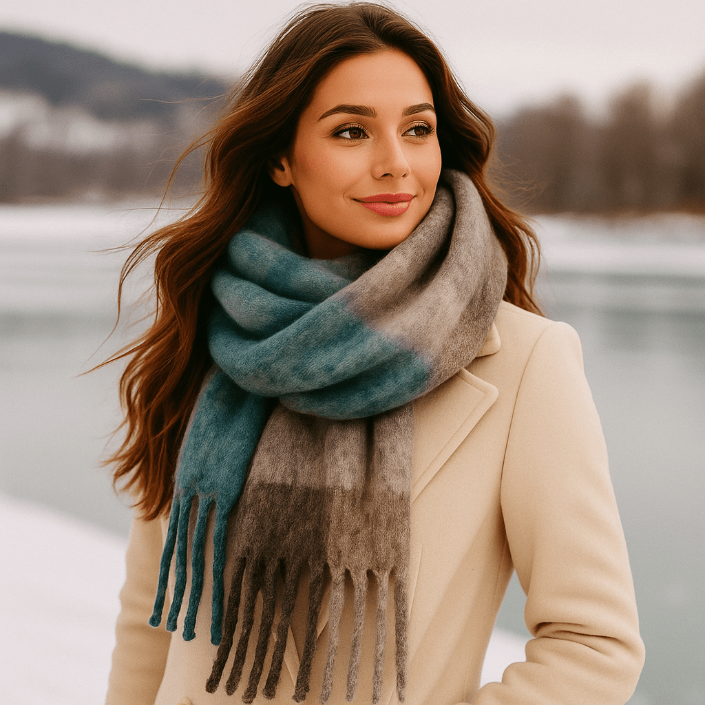 Écharpe d'hiver femme, laine de qualité, chaude et douce, avec franges stylées.