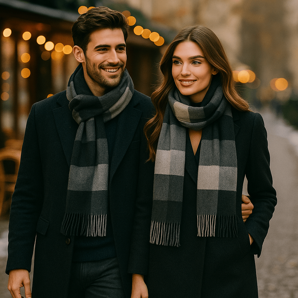 Détail d'une écharpe homme classique, texture riche et douce, indispensable pour la saison froide.