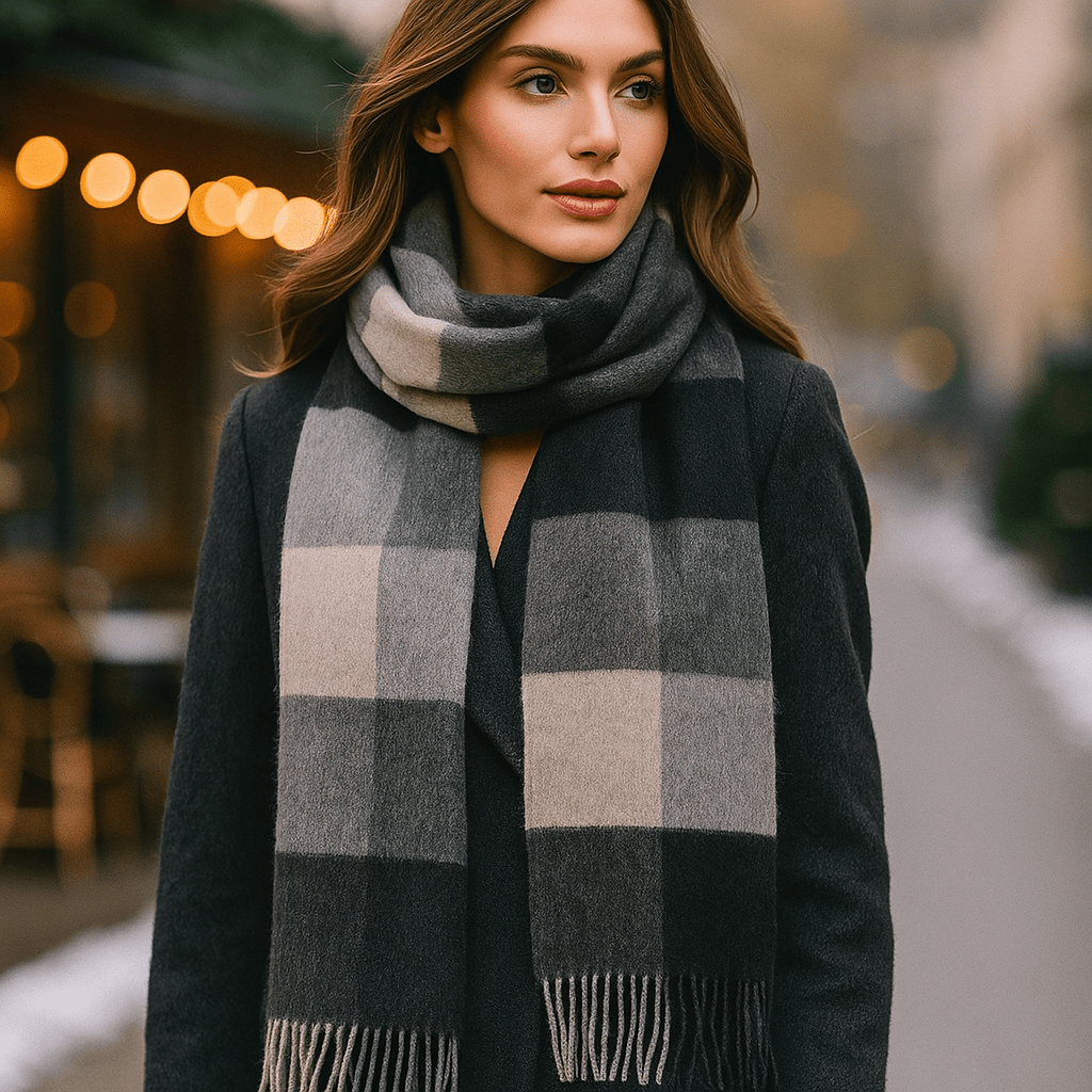 Vue rapprochée d'une écharpe chaude pour homme, incarnant l'élégance et la robustesse face au froid hivernal.