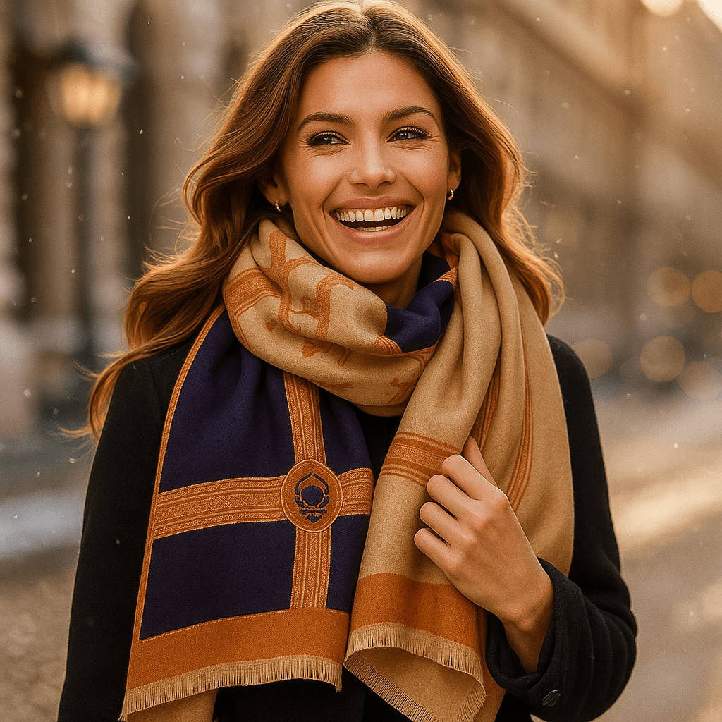 Écharpe femme bleu marine chic en maille chaude, accessoire d'hiver contemporain et polyvalent.