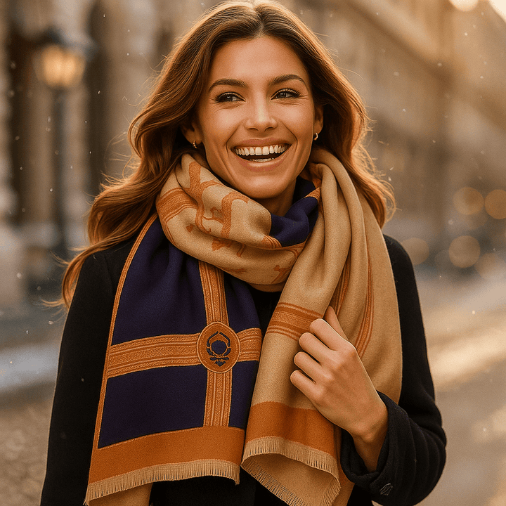 Écharpe femme bleu marine chic en maille chaude, accessoire d'hiver contemporain et polyvalent.