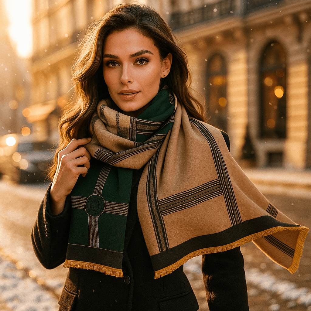 Écharpe hiver rose clair élégante pour femme, en maille douce, confortable et mode.