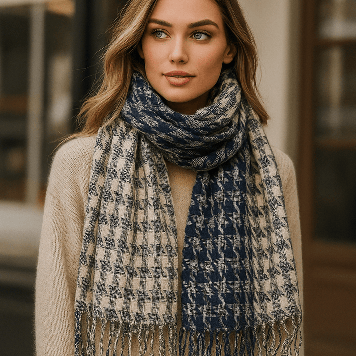 Écharpe à carreaux douce pour femme, un accessoire chaud et confortable pour le froid.