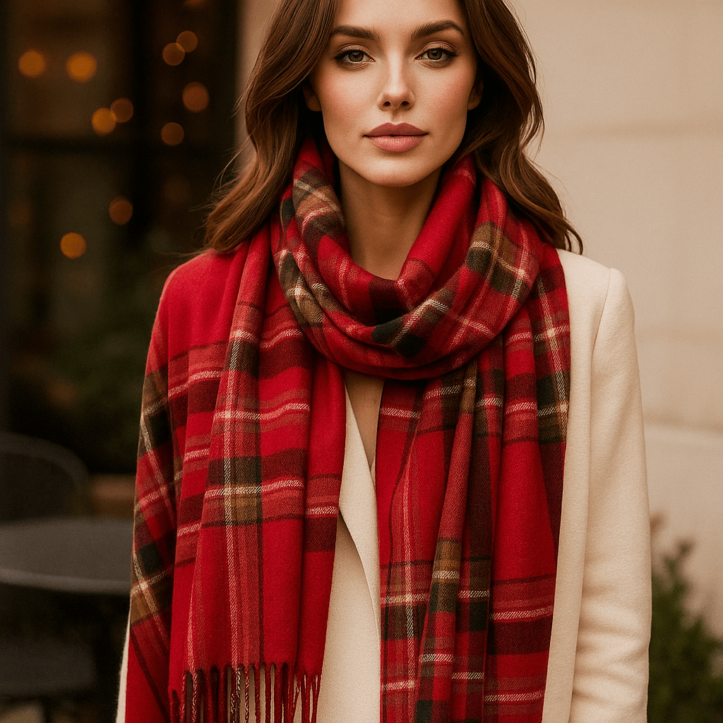 Accessoire femme chic: écharpe élégante à carreaux, douce et chaude pour l'automne-hiver.