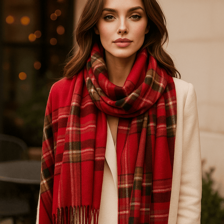 Accessoire femme chic: écharpe élégante à carreaux, douce et chaude pour l'automne-hiver.
