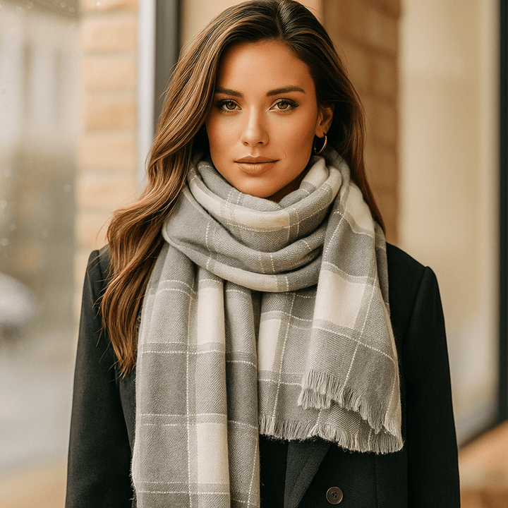 Écharpe femme douce à motif carreaux, élégante et chaude pour un look chic en automne.