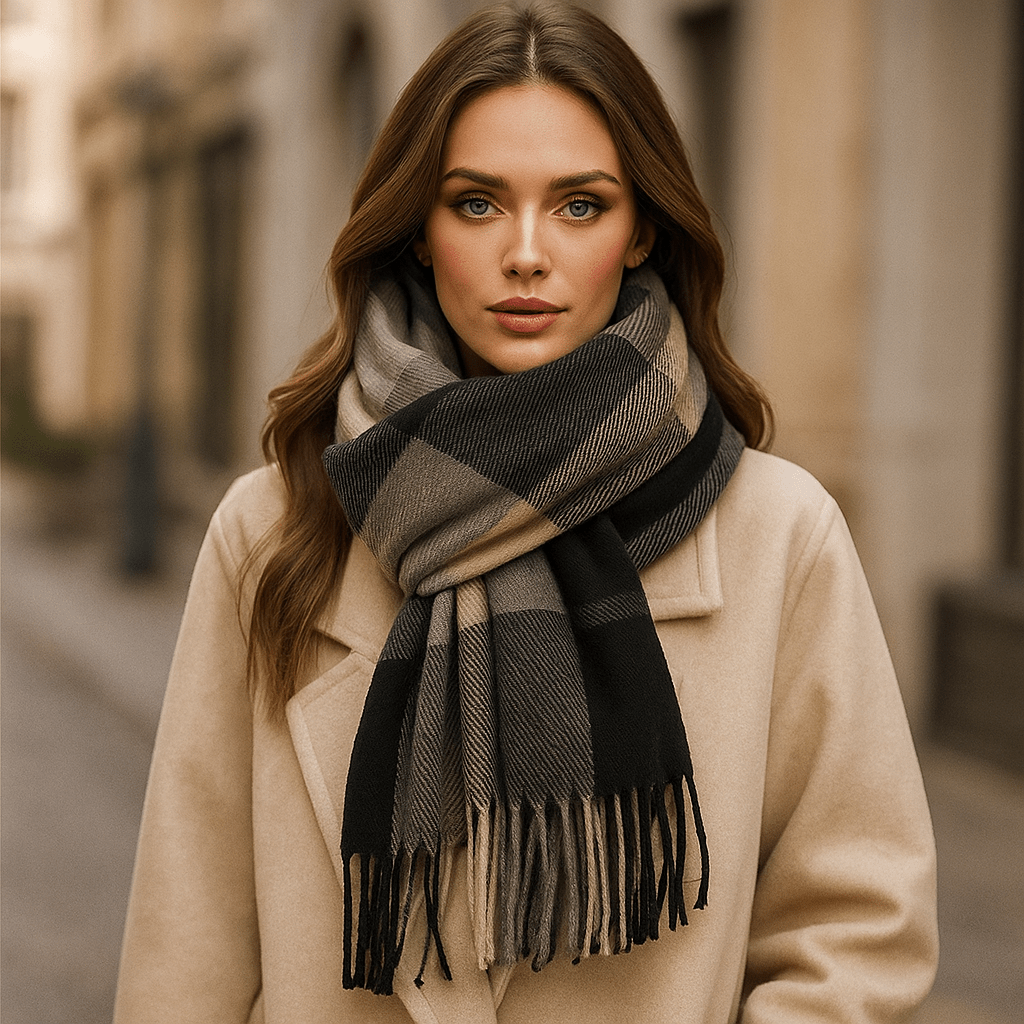 Accessoire de mode femme: écharpe douce à carreaux, chaude et chic pour sublimer votre tenue d'hiver.