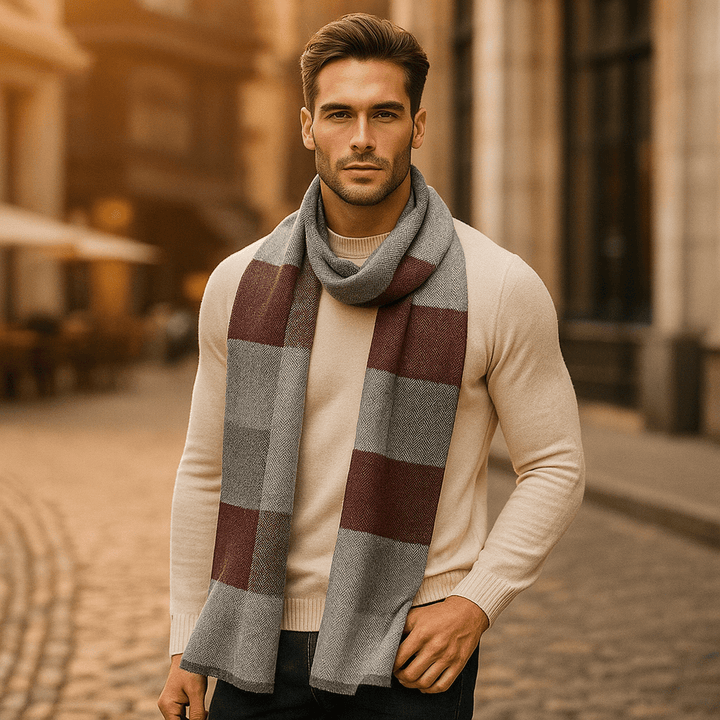 Écharpe homme douce effet laine rayée gris/noir pour l'hiver. Accessoire mode chaud, confortable et stylé.