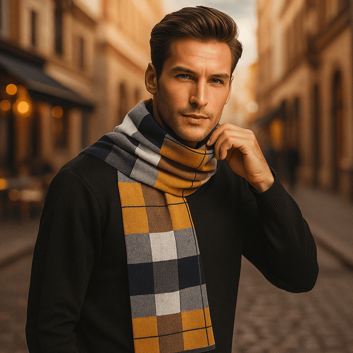 Écharpe homme rayée douce drapée, effet laine. Accessoire mode indispensable pour un hiver chaud et stylé.