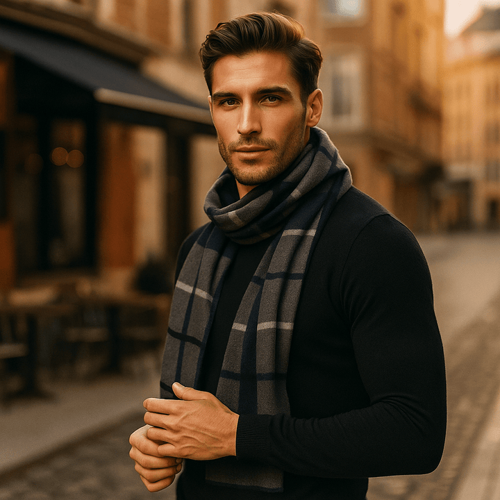 Élégante écharpe homme hiver à rayures, douce effet laine. Idéale pour un style raffiné et tendance.