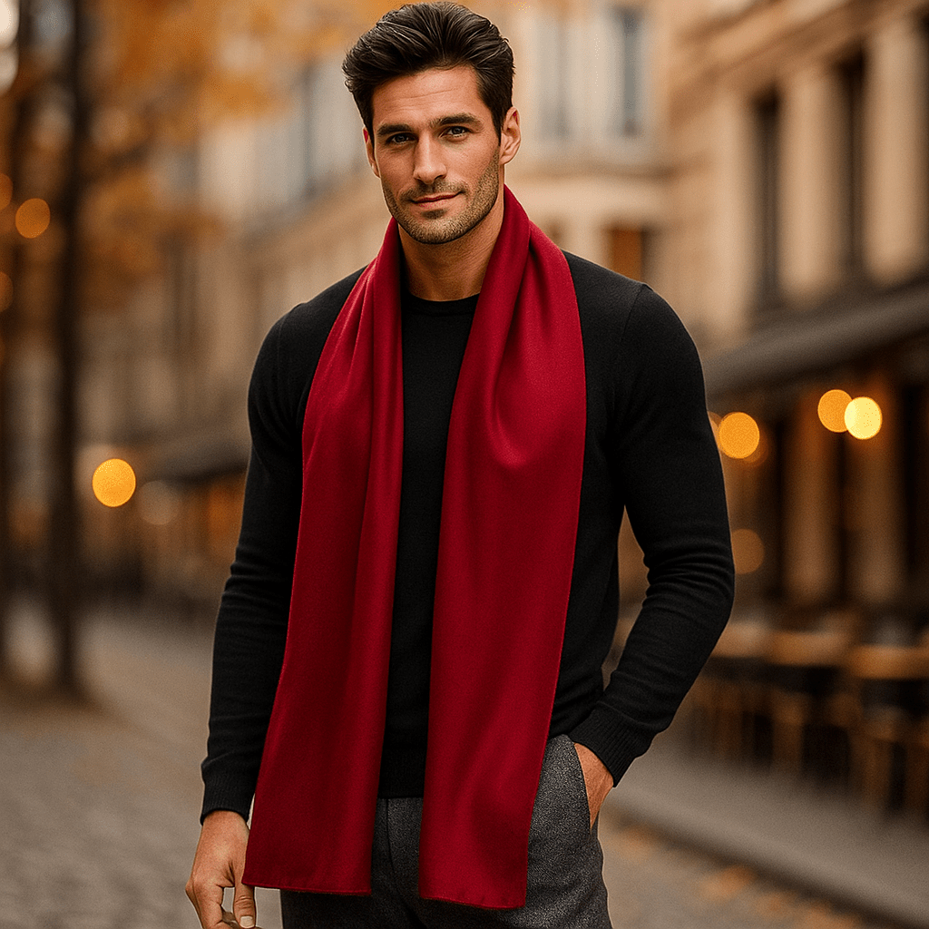 Gros plan sur la texture douce effet laine d'une écharpe homme à rayures, parfaite pour le confort hivernal.