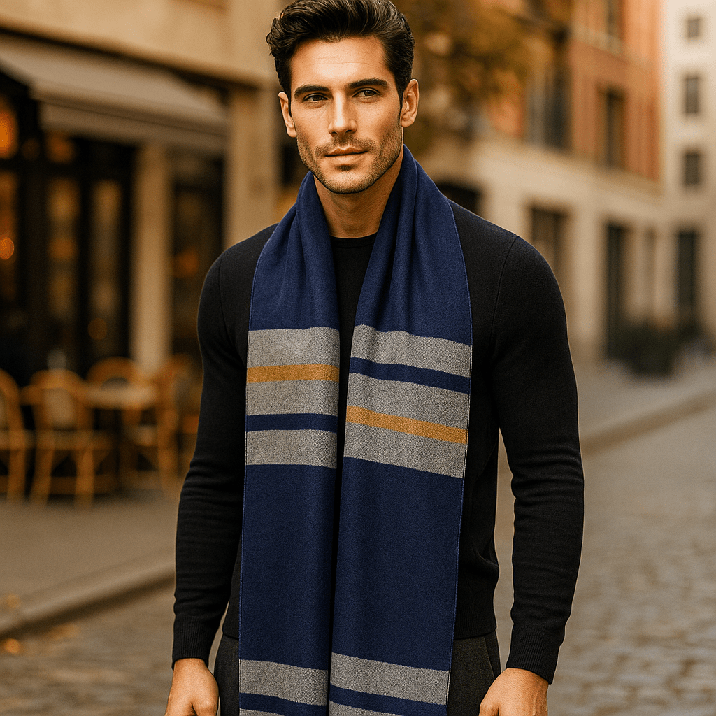 Cadeau homme : Écharpe hiver douce et élégante à rayures, effet laine. Un accessoire chaud et stylé.