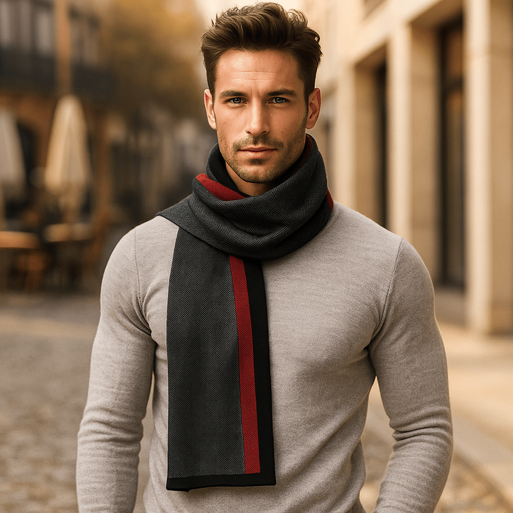 Écharpe homme rayée, motifs subtils, effet laine douce, pour un accessoire d'hiver chic et confortable.