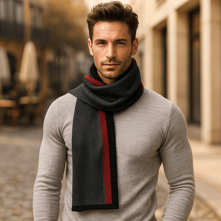 Écharpe homme rayée, motifs subtils, effet laine douce, pour un accessoire d'hiver chic et confortable.