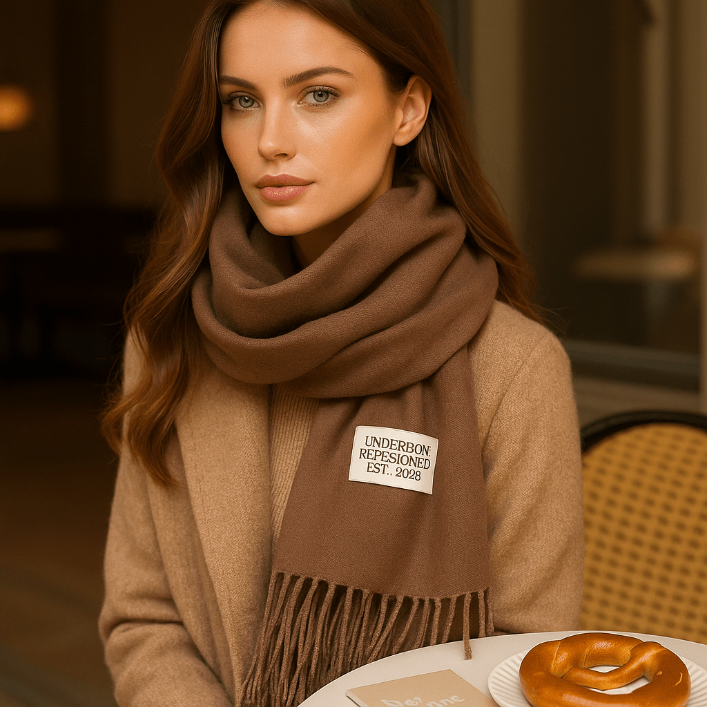 Femme portant une écharpe pashmina réversible, look élégant et confortable.