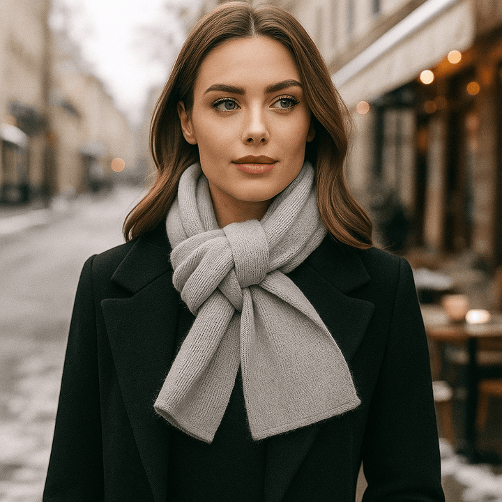Écharpe tricotée unisexe grise, douce et moderne. Parfaite pour l'hiver, offre chaleur et style.