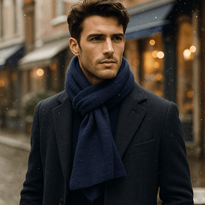 Gros plan sur la texture douce et tricotée de l'écharpe unisexe. Confort absolu pour les jours froids d'hiver.