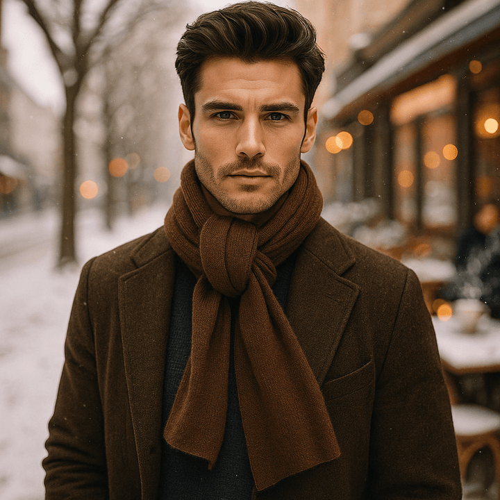 Écharpe tricotée unisexe chaleureuse portée avec élégance. Accessoire de mode doux pour homme et femme.