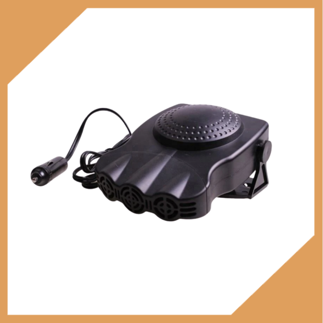 "Chauffage dégivrant compact pour voiture, couleur noire, connecté à l'allume-cigare, avec fonction dégivrage et ventilation.