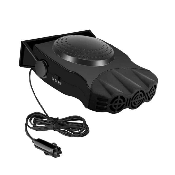 "Chauffage dégivrant compact pour voiture, couleur noire, connecté à l'allume-cigare, avec fonction dégivrage et ventilation.