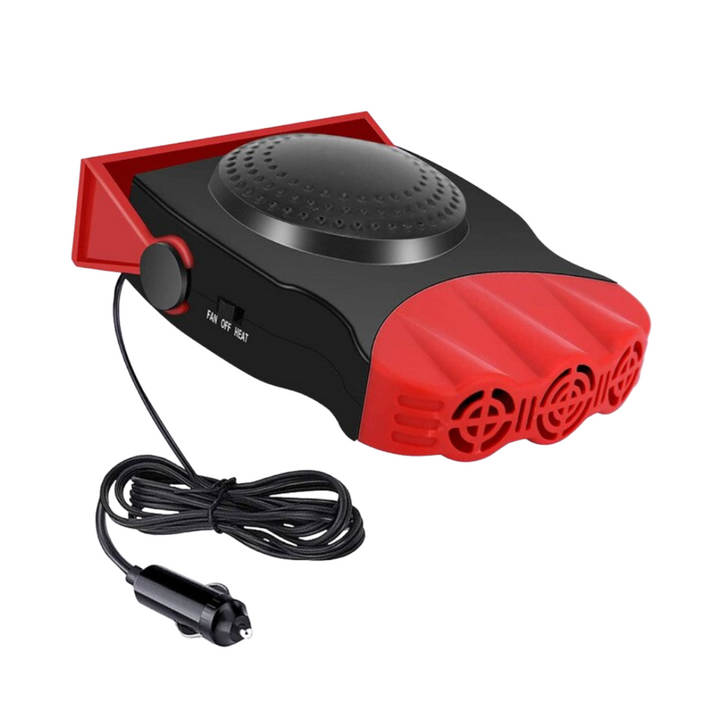 "Chauffage dégivrant compact pour voiture, couleur noire, connecté à l'allume-cigare, avec fonction dégivrage et ventilation.
