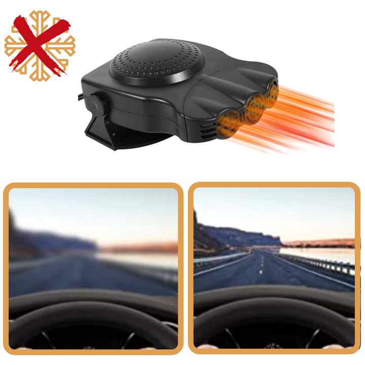 "Chauffage dégivrant compact pour voiture, couleur noire, connecté à l'allume-cigare, avec fonction dégivrage et ventilation.