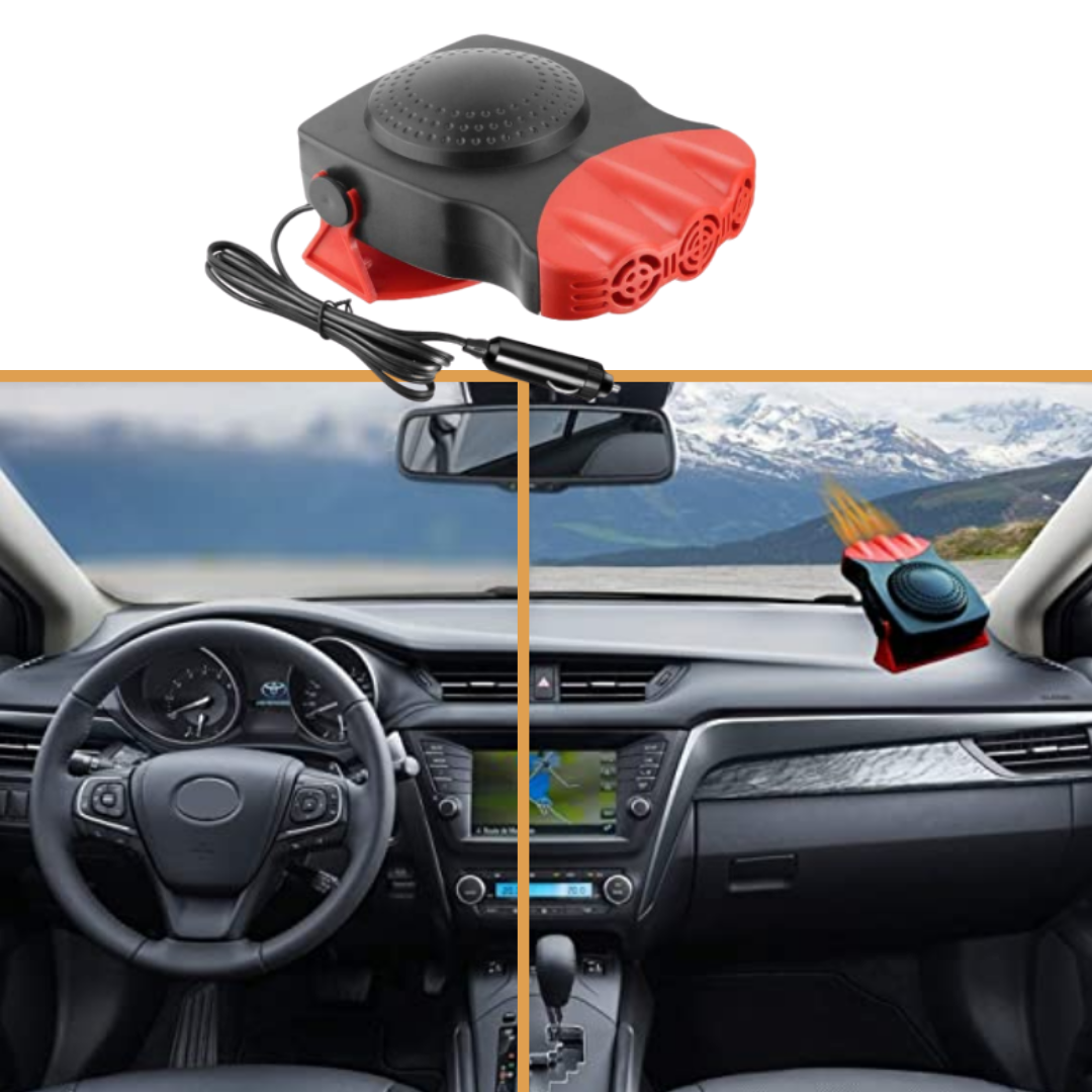 "Chauffage dégivrant compact pour voiture, couleur noire, connecté à l'allume-cigare, avec fonction dégivrage et ventilation.